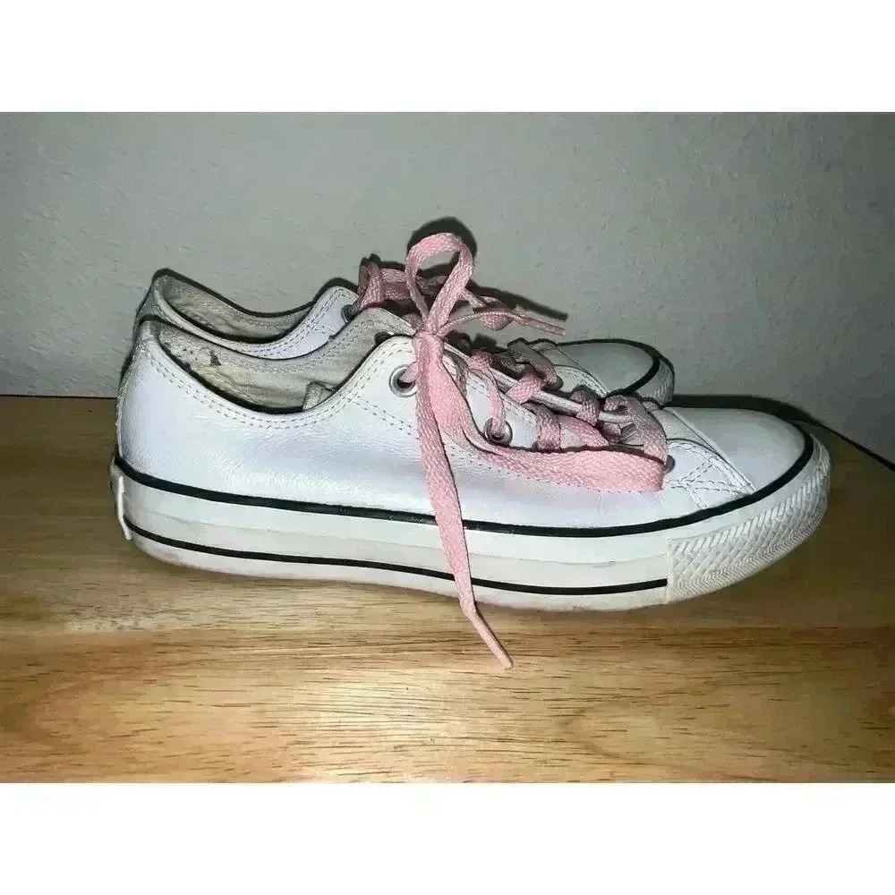 Converse All Start White Leather Lop Tops with Pink Laces Mens sz 5 Womens sz 7 - Picture 3 of 12